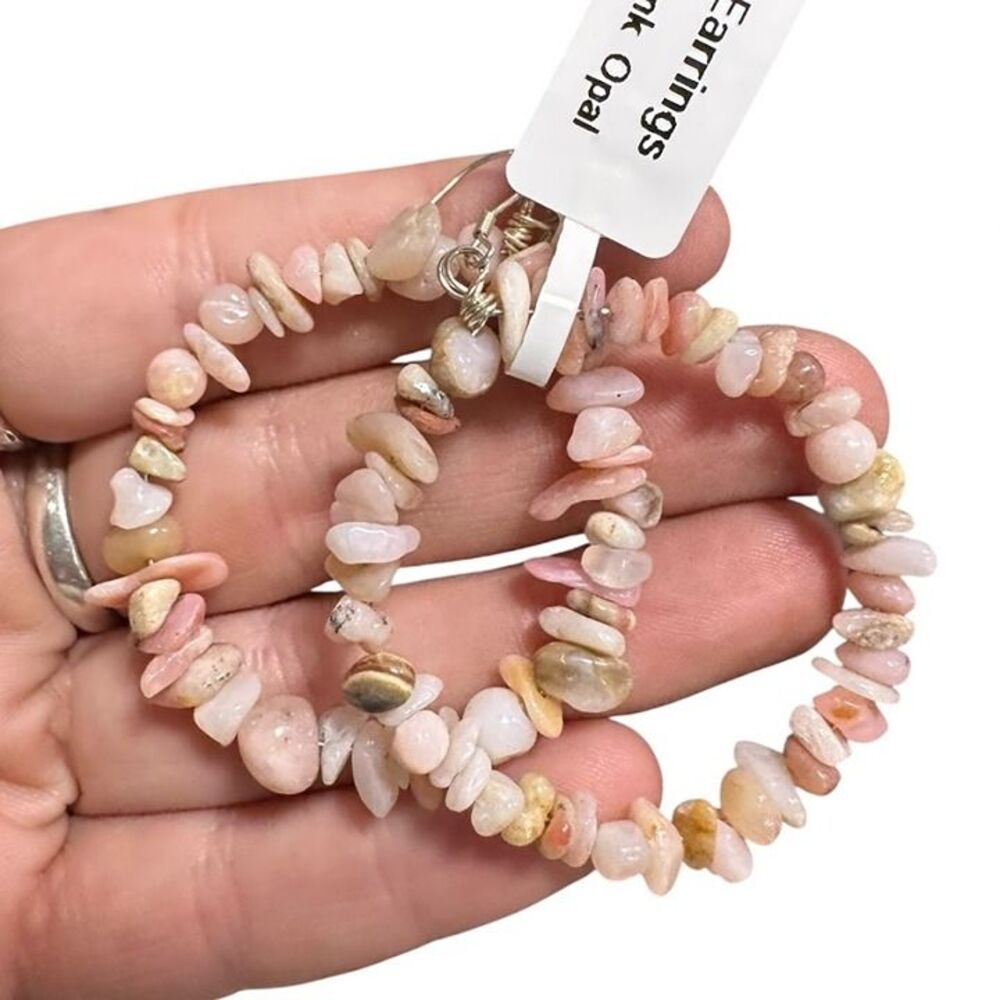 New Natural Pink Opal Stone Hoop Earrings .925 Sterling Silver Hook